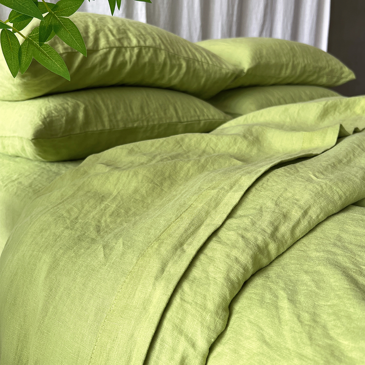 Close Up View of Linen Duvet Cover Green Tea - Linenshed.au