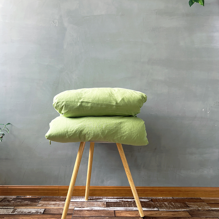 Green Tea Linen Duvet Cover On Bench - linenshed AU