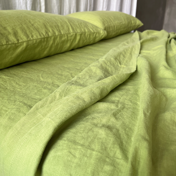 Side View Of Linen Flat Sheet Green Tea - linenshed.au