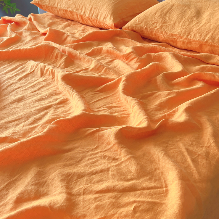 Side Top View Of Orange Linen Flat Sheet - linenshed Au