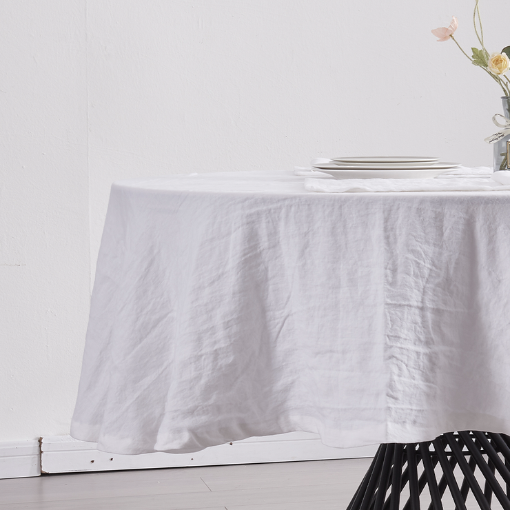 Front View of White Round Tablecloth-linenshed