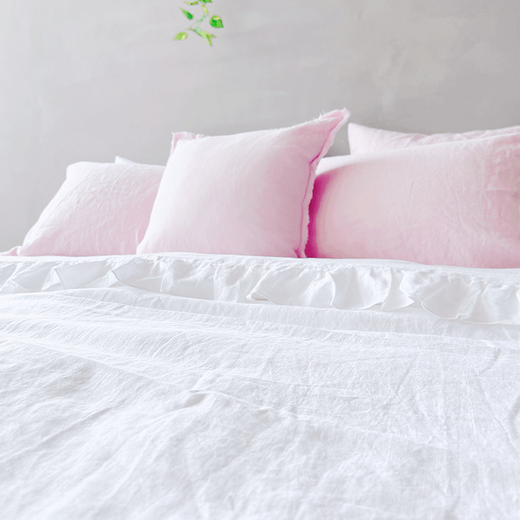 Side View Of 100% Linen Ruffle Duvet Cover - linenshed au