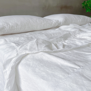 Close Up View Of White Ruffle Linen Flat Sheet - linenshed