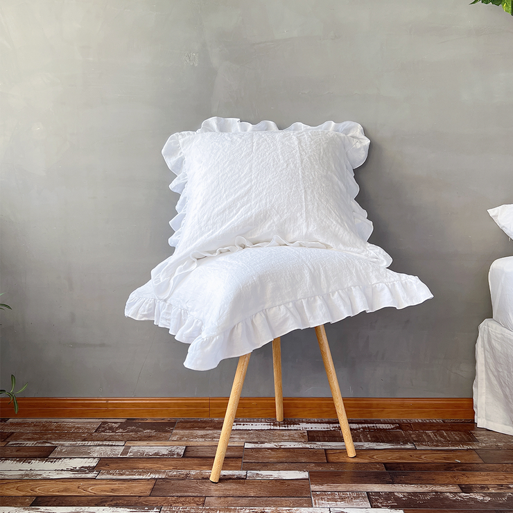 White Ruffle Linen Pillowcases On Chair - linenshed