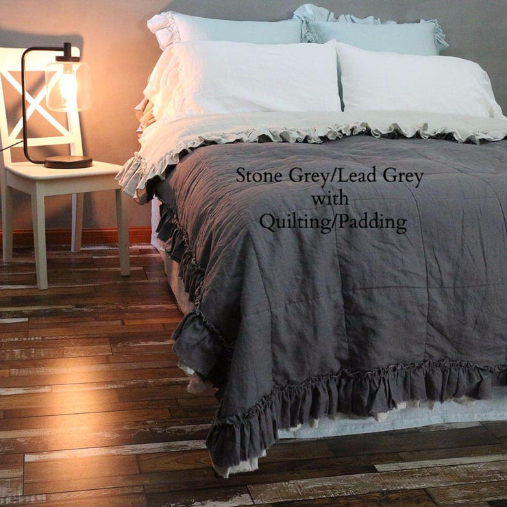 Hand Frayed Two Tones Ruffles Bedspread with Quilting/Padding