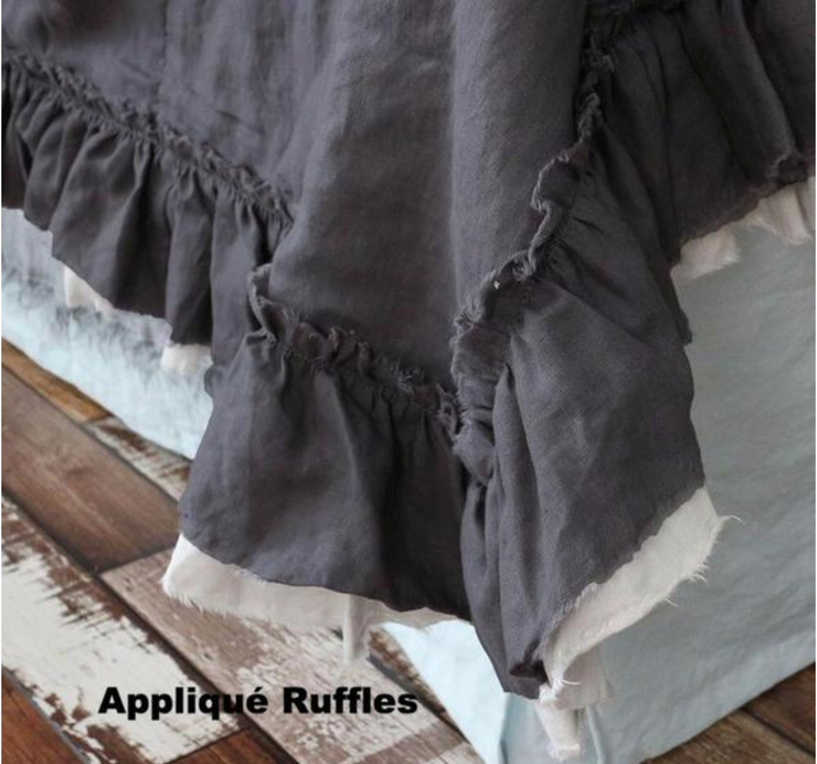 Two Tones Ruffle Duvet Cover with Applique/Frayed Ruffles