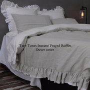 Two Tones inseam Frayed Ruffles Duvet Cover Stone Grey/Optic White